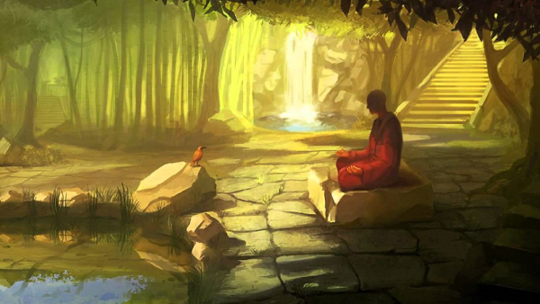 Moine zen assis face à un oiseau, au bord d'un étang