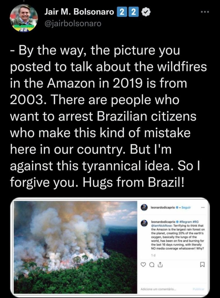 Tweet de Bolsonaro à Leonardo Di Caprio